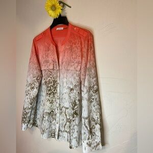 Calvin Klein~Sheer Ombré Snakeskin Blouse~Long Sleeve w/Button Tabs~Size 1X